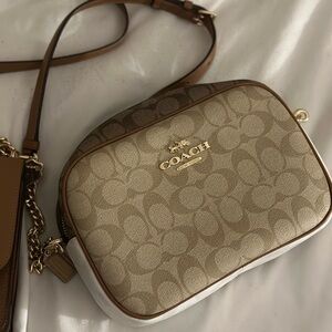 Coach Beige and Brown Jacquard Isla Crossbody Bag  — excellent condition